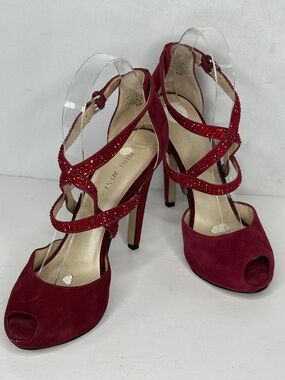 Nine West “Just Maybe” Red Suede Crystal-Strap Peep Toe Heels Ankle Strap Sz 6.5